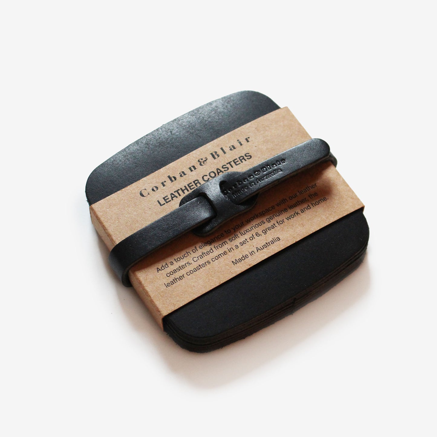 Corban & Blair Artisan Black Leather Coasters Set of 6 (9cm x 9cm Square)