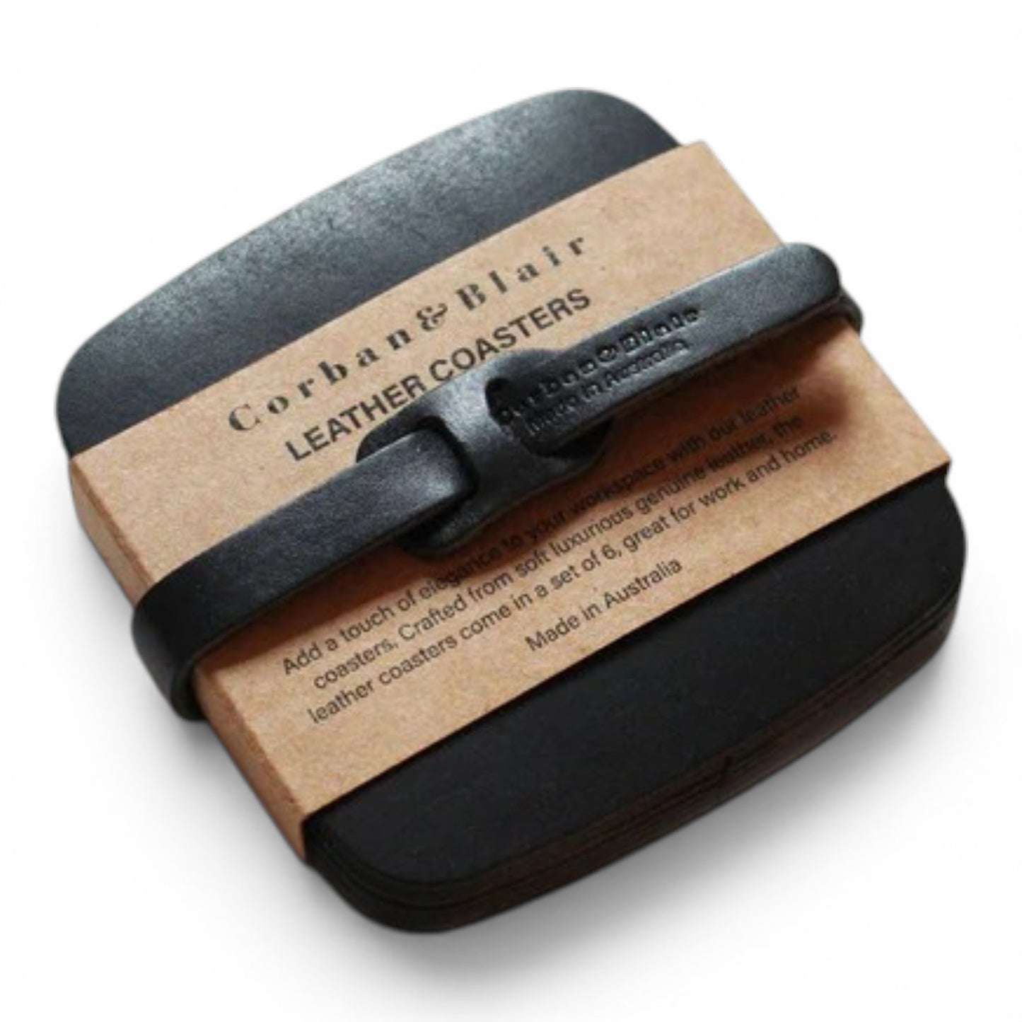 Corban & Blair Artisan Black Leather Coasters Set of 6 (9cm x 9cm Square)