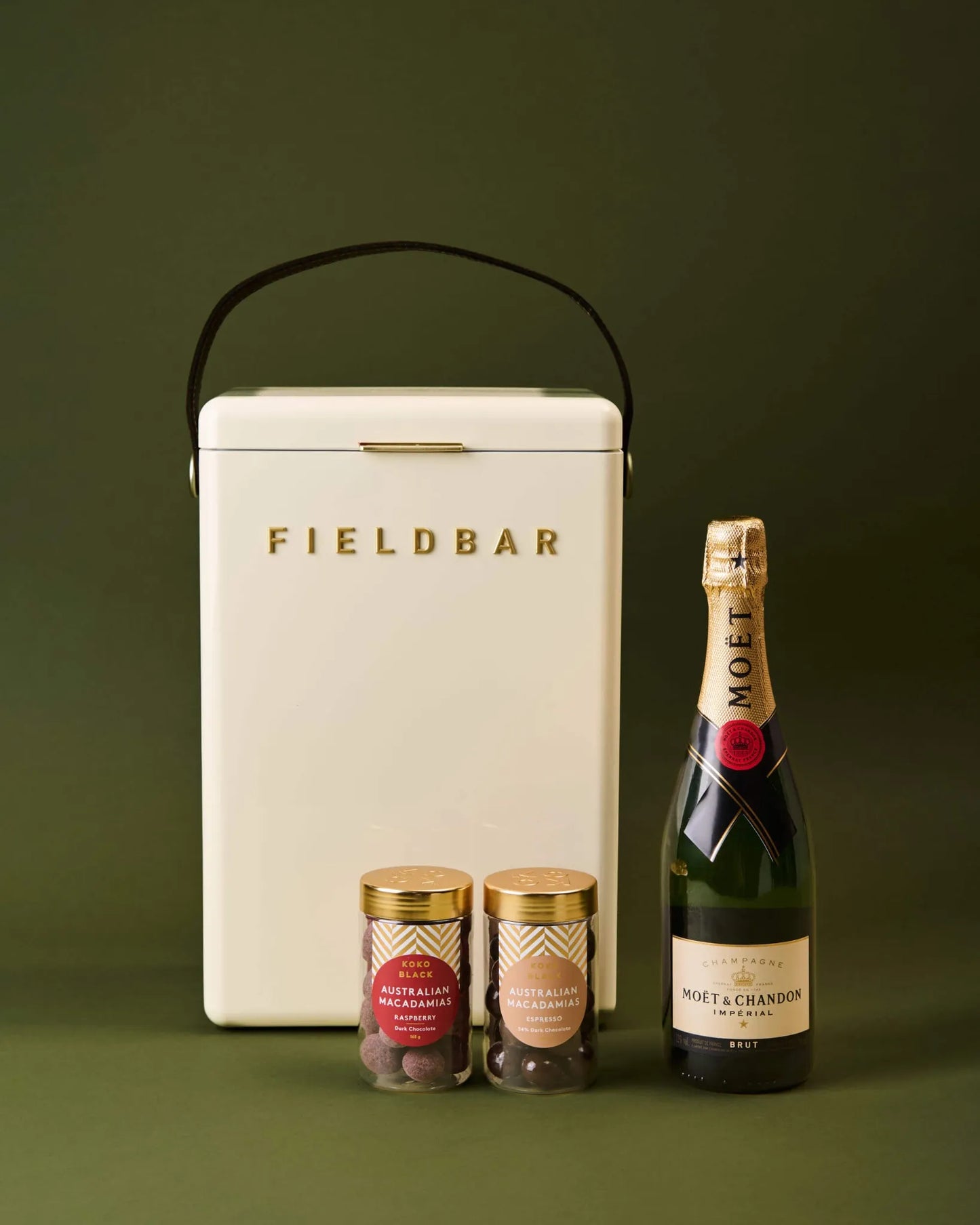 Moët & Chandon picnic hamper with white Fieldbar cooler and Australian macadamias