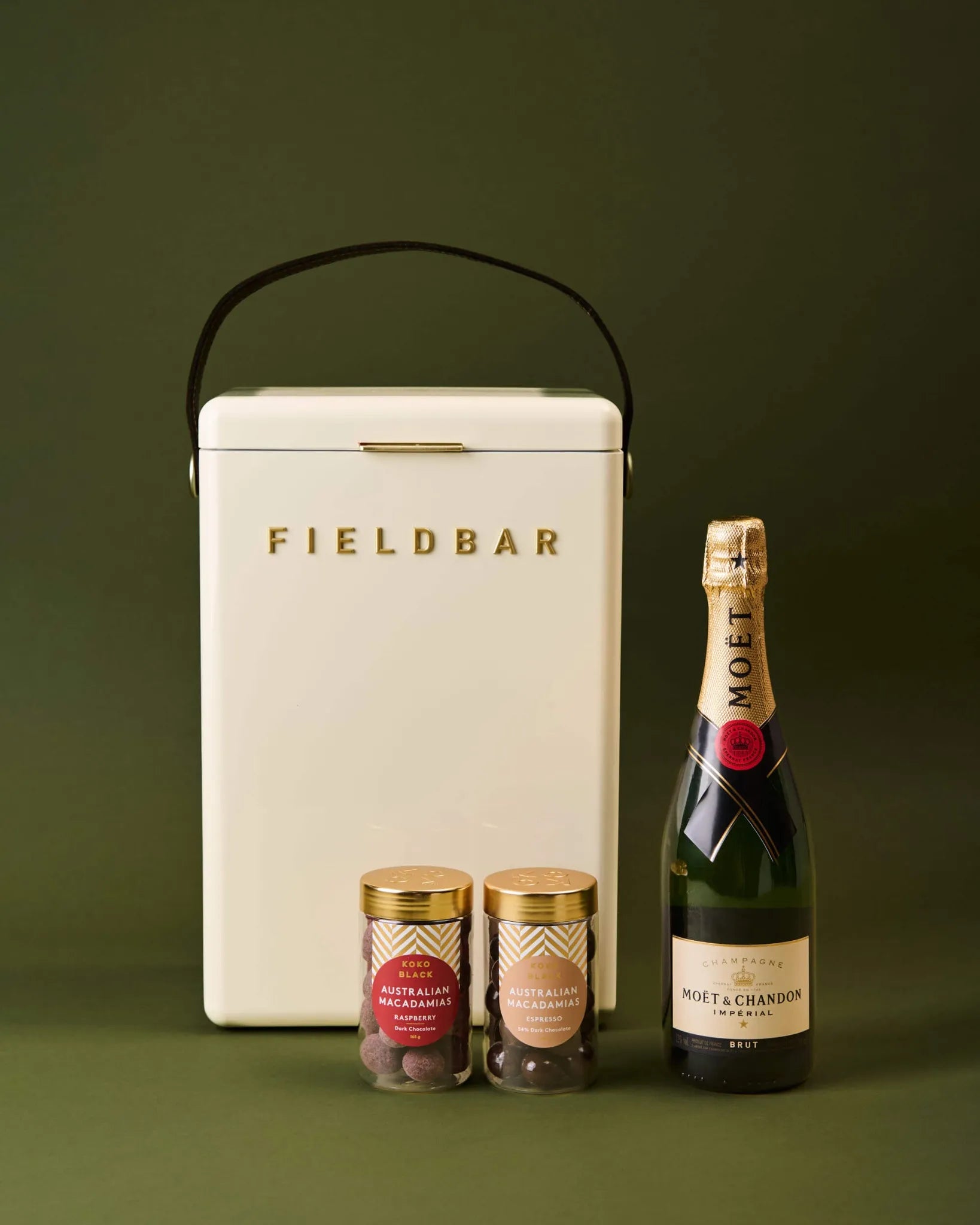 Moët & Chandon picnic hamper with white Fieldbar cooler and Australian macadamias