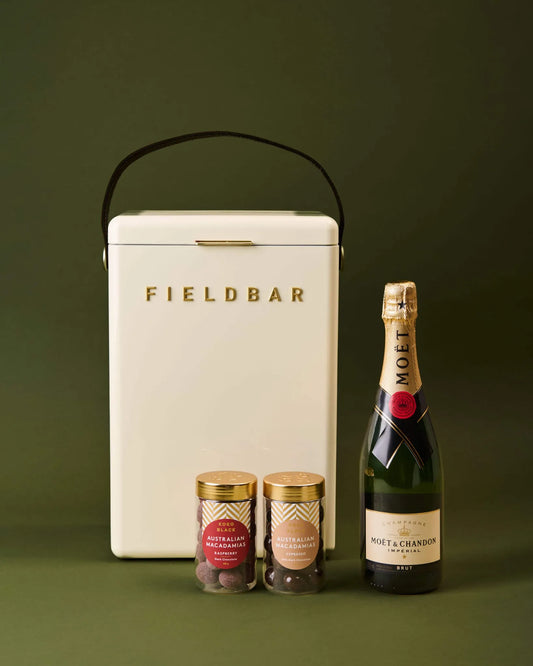 Moët & Chandon picnic hamper with white Fieldbar cooler and Australian macadamias
