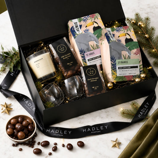 The perfect Christmas gift for coffee lovers, pairing premium espresso with chocolate, elegant glassware and a beautifully scented candle.