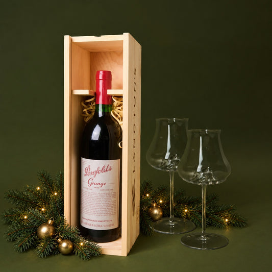 The Christmas Grange Collector with Penfolds Grange and two Denver & Liely hand-blown crystal wine glasses