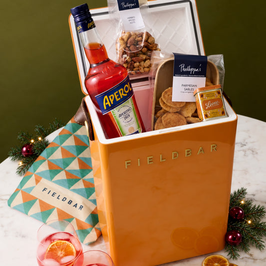 Orange Fieldbar Drinks Box with Aperol Aperitivo, Phillippa’s savoury treats and Italian pastilles for Christmas