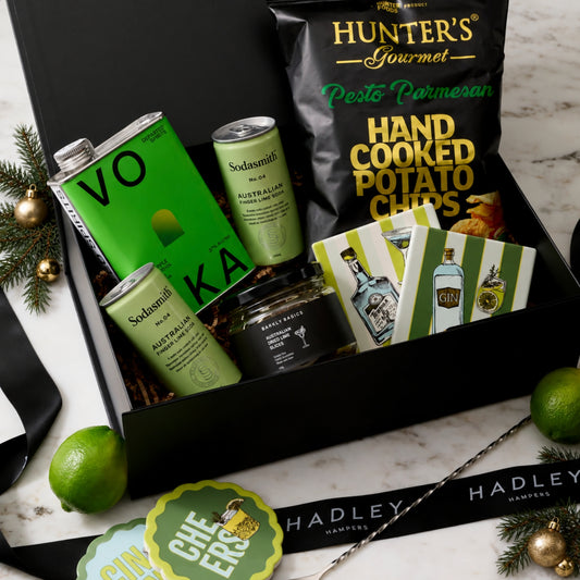 The Christmas Vodka Socialite hamper with Departed Green Apple Vodka, finger lime soda, dried limes and cocktail accessories