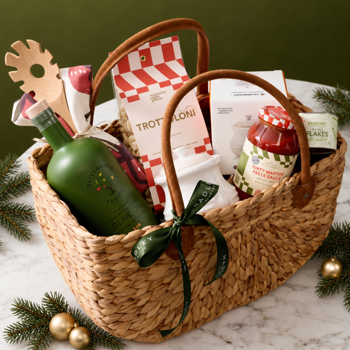 The Festive Pasta Night Host Italian food Christmas hamper in a woven market basket
